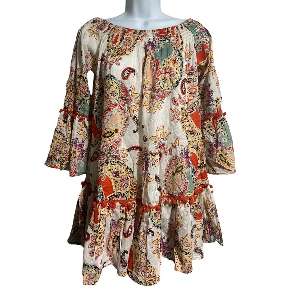 True Destinations Mini Dress Sz Small Boho Paisley Floral Print Peasant Coverup